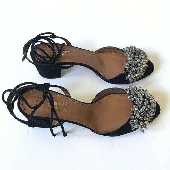 Aquazzura Monaco Pumps 50 Heels Womens 37 7 Black Suede Crystals Lace Up Sandals - Picture 11 of 12